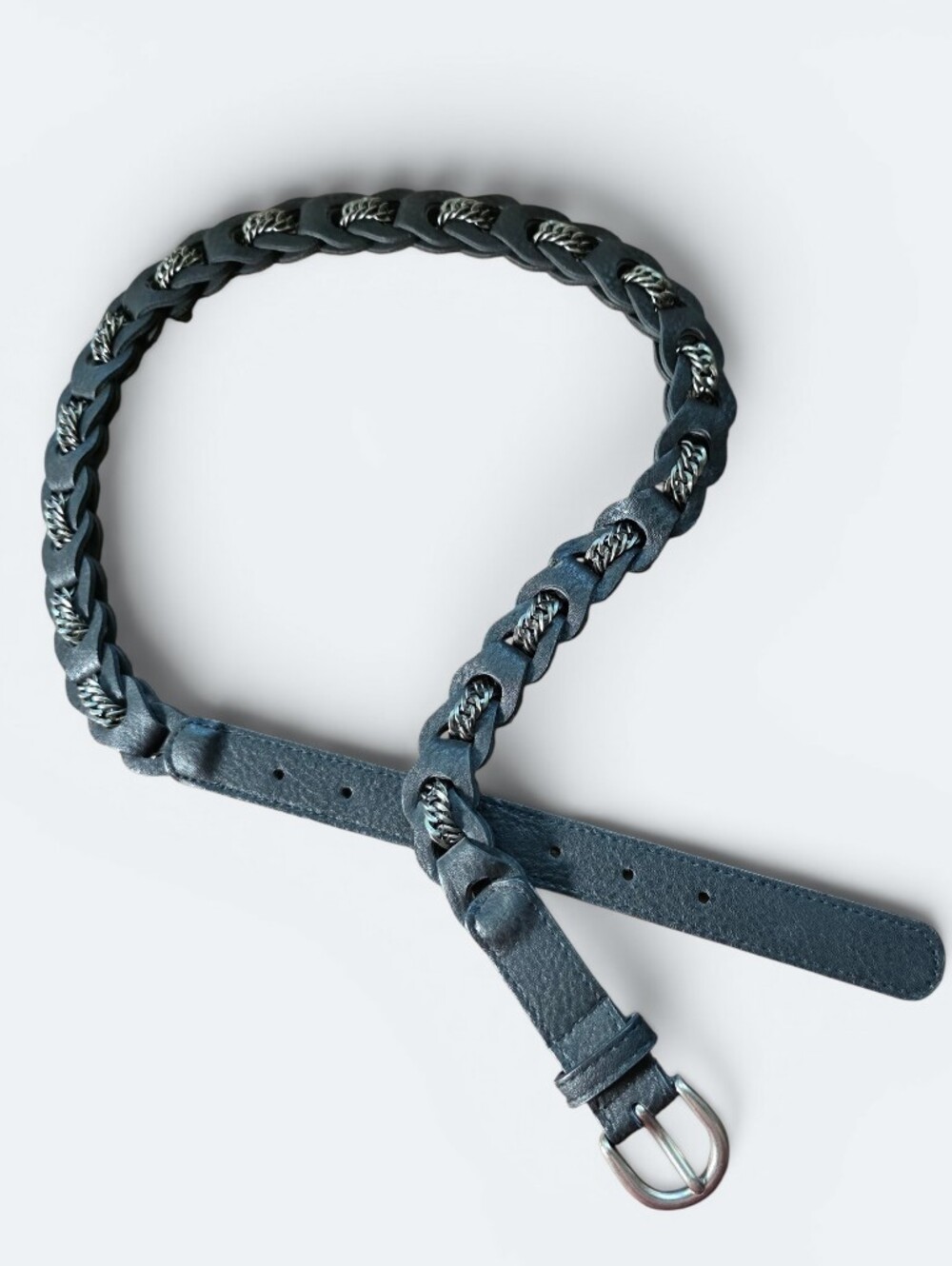 Black Braided Leather & Silver Chain Hybrid Statement Waist Belt